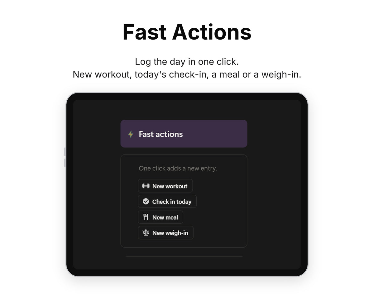 Fast Actions in Framewise Vitality on a tablet: New workout, today's check-in, a meal or a weigh-in