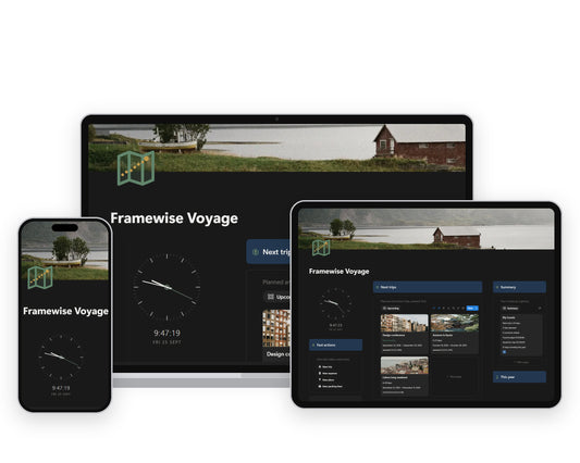 Framewise Voyage Notion template on a laptop, tablet and phone, showing the Home dashboard