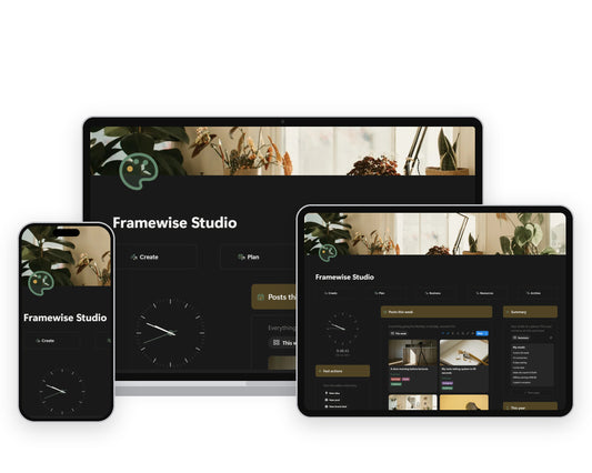 Framewise Studio Notion template on a laptop, tablet and phone, showing the Home dashboard