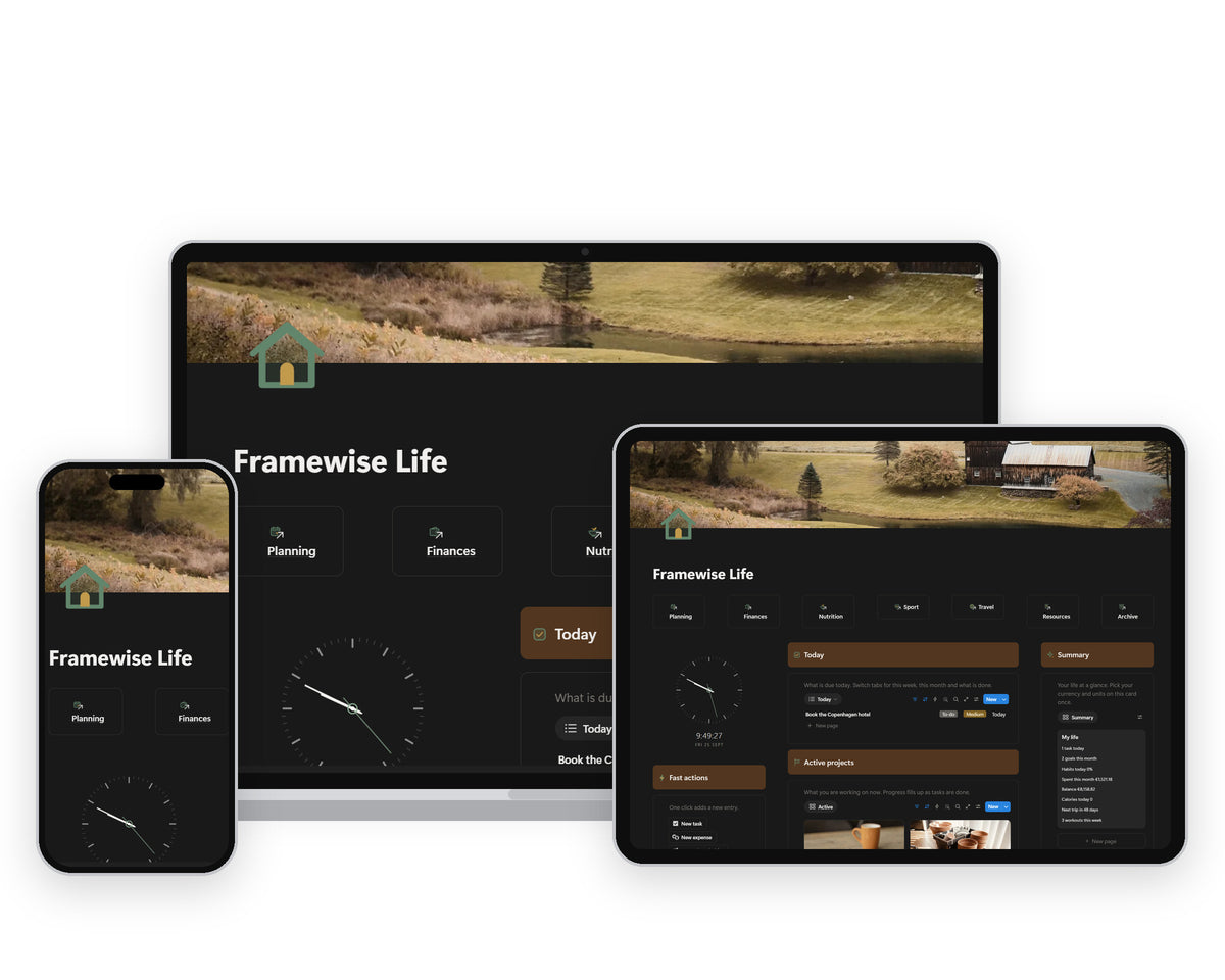 Framewise Life Notion template on a laptop, tablet and phone, showing the Home dashboard