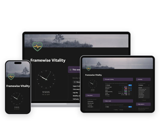 Framewise Vitality Notion template on a laptop, tablet and phone, showing the Home dashboard