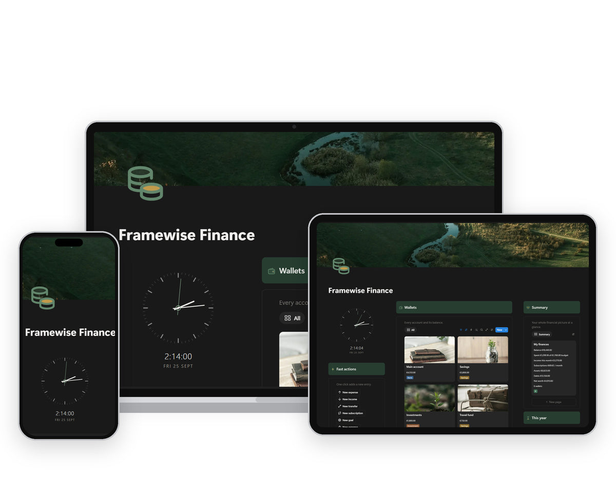 Framewise Finance Notion template on a laptop, tablet and phone, showing the Home dashboard