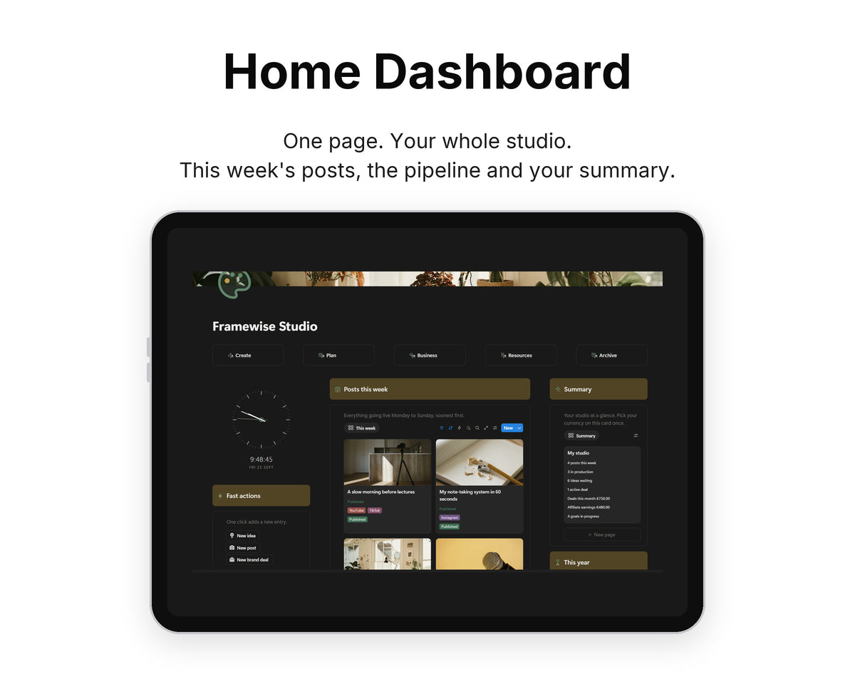 Home Dashboard in Framewise Studio on a tablet: This week's posts, the pipeline and your summary