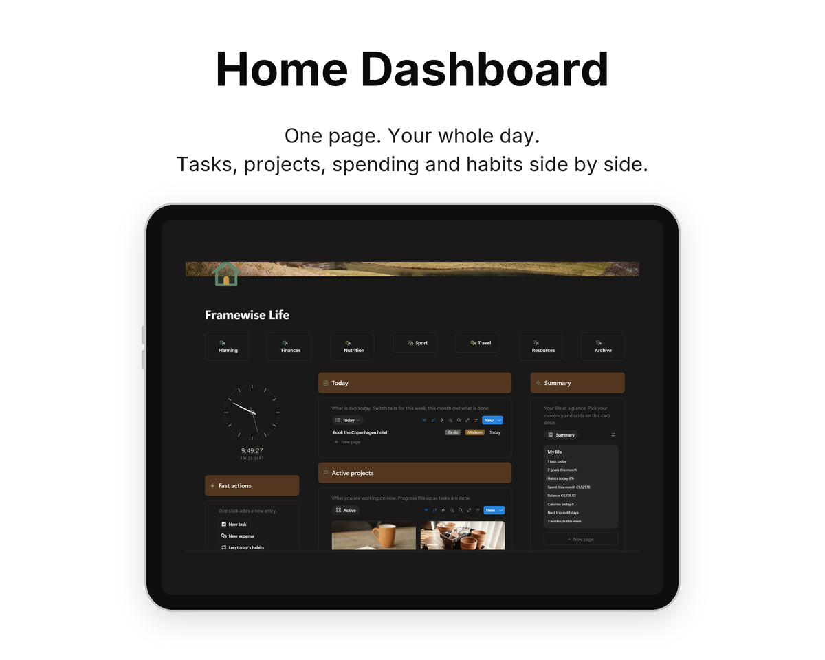 Home Dashboard in Framewise Life on a tablet: Tasks, projects, spending and habits side by side