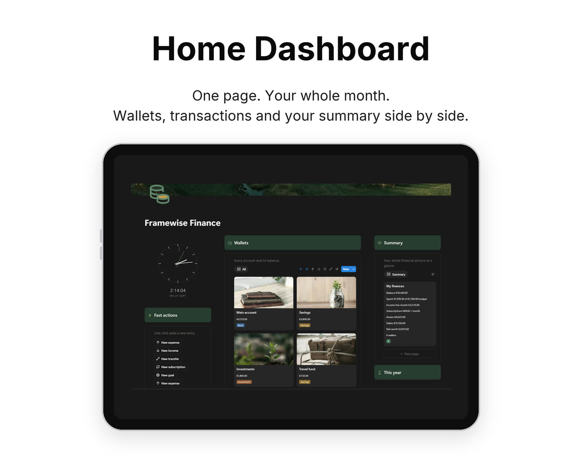 Home Dashboard in Framewise Finance on a tablet: Wallets, transactions and your summary side by side