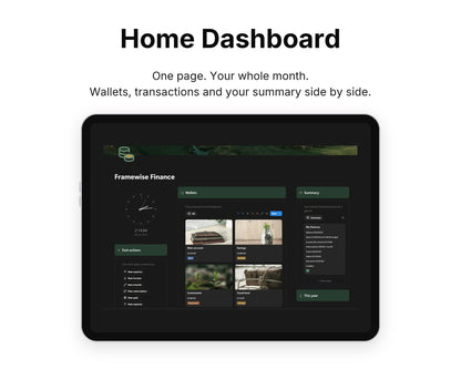 Home Dashboard in Framewise Finance on a tablet: Wallets, transactions and your summary side by side