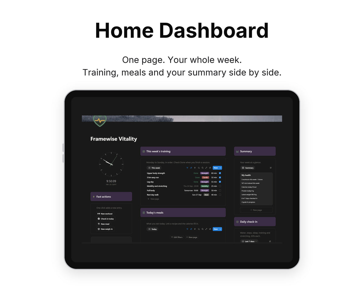 Home Dashboard in Framewise Vitality on a tablet: Training, meals and your summary side by side