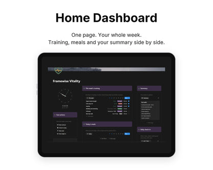 Home Dashboard in Framewise Vitality on a tablet: Training, meals and your summary side by side