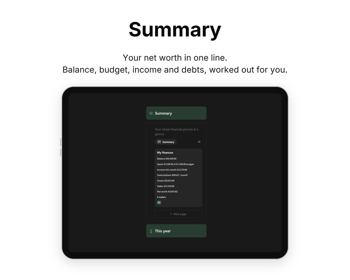Summary in Framewise Finance on a tablet: Balance, budget, income and debts, worked out for you