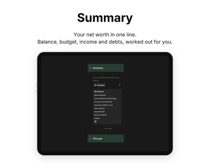 Summary in Framewise Finance on a tablet: Balance, budget, income and debts, worked out for you