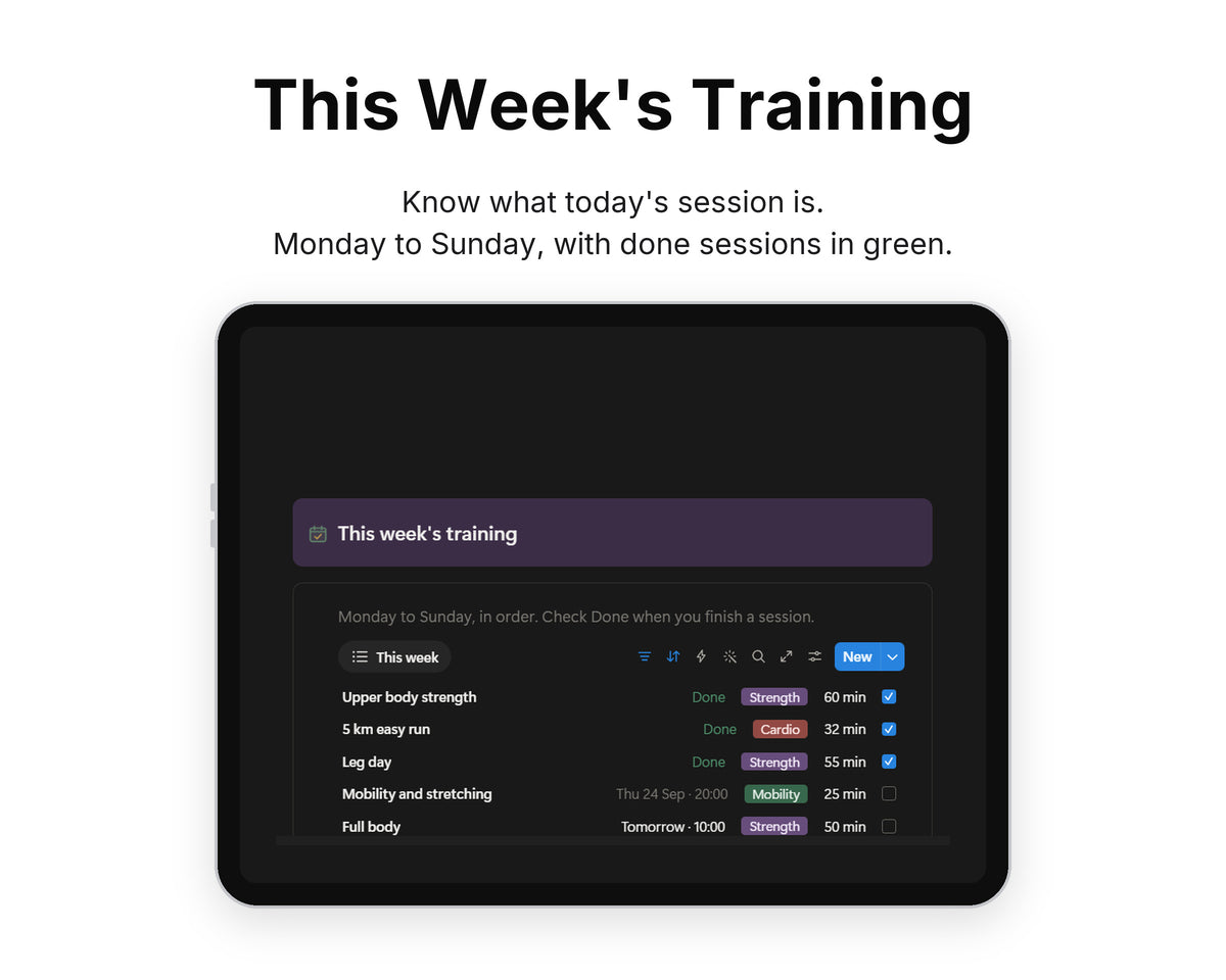 This Week's Training in Framewise Vitality on a tablet: Monday to Sunday, with done sessions in green
