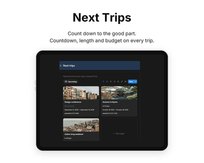 Next Trips in Framewise Voyage on a tablet: Countdown, length and budget on every trip