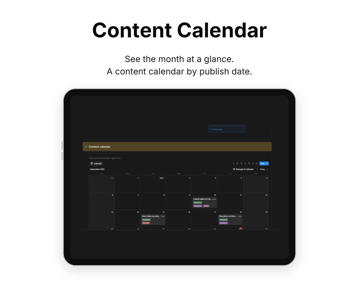 Content Calendar in Framewise Studio on a tablet: A content calendar by publish date