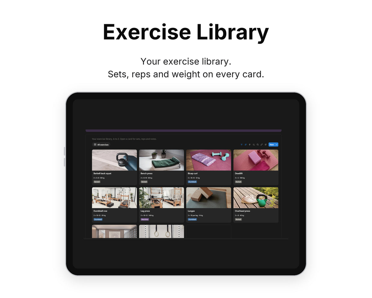Exercise Library in Framewise Vitality on a tablet: Sets, reps and weight on every card