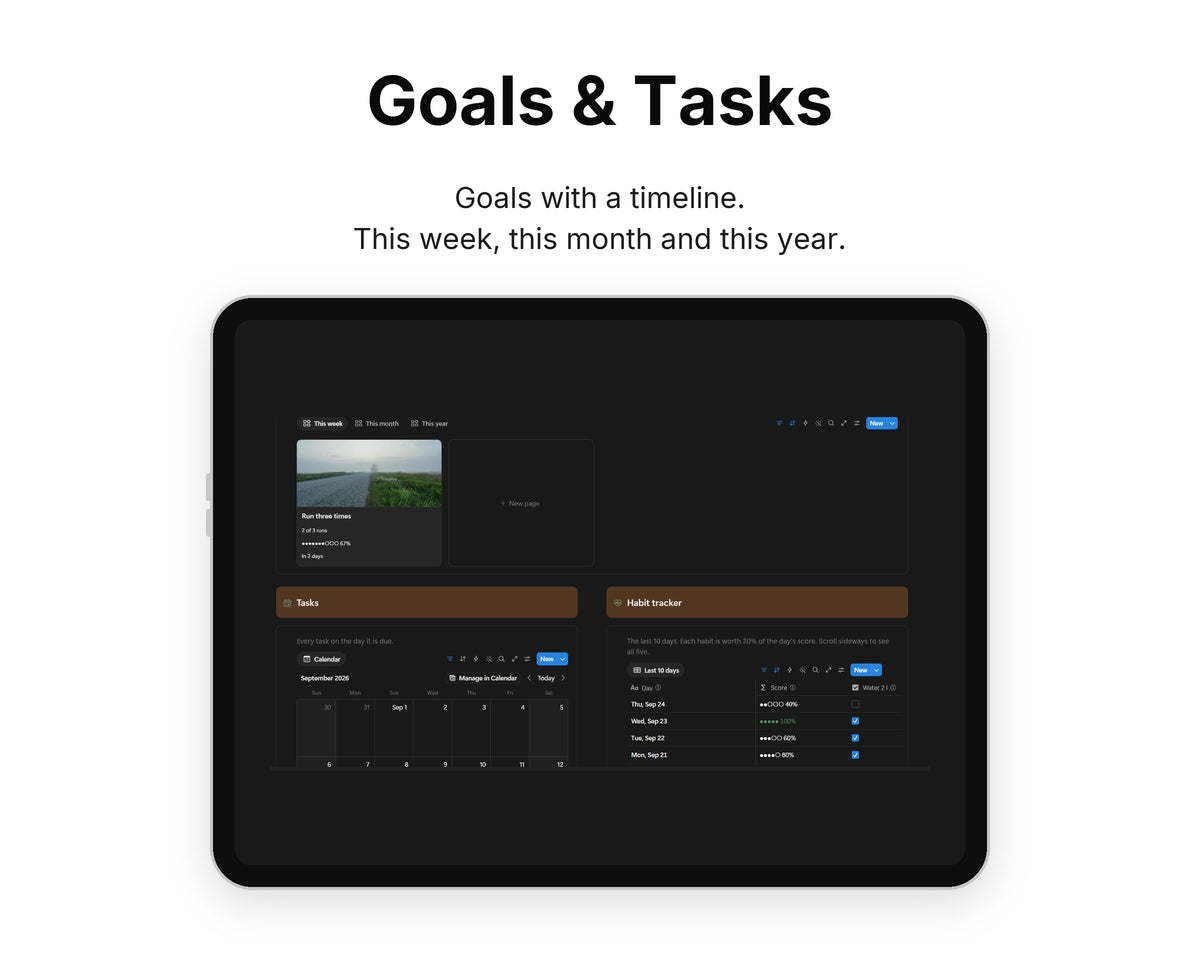 Goals & Tasks in Framewise Life on a tablet: This week, this month and this year