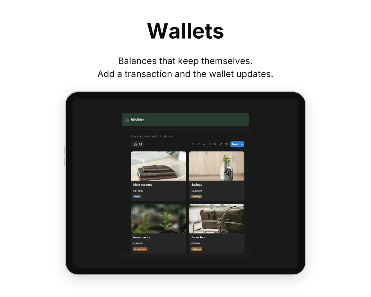 Wallets in Framewise Finance on a tablet: Add a transaction and the wallet updates