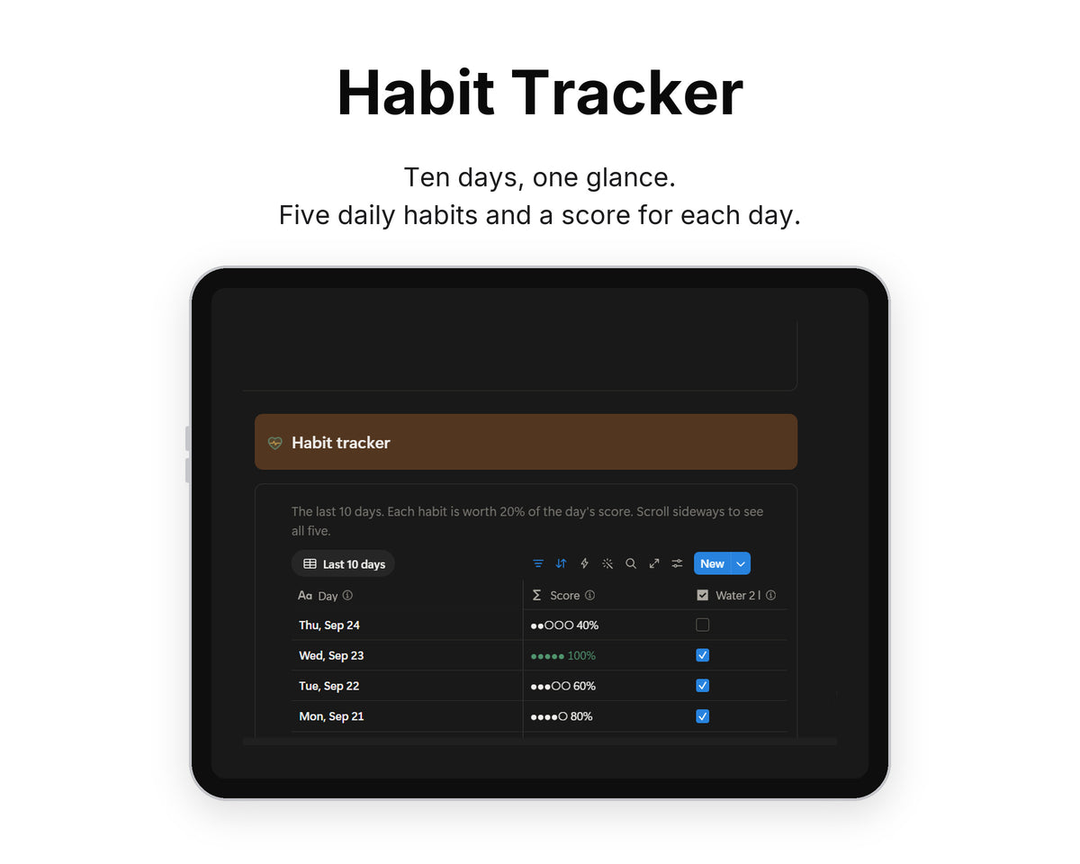 Habit Tracker in Framewise Life on a tablet: Five daily habits and a score for each day