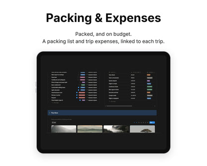 Packing & Expenses in Framewise Voyage on a tablet: A packing list and trip expenses, linked to each trip
