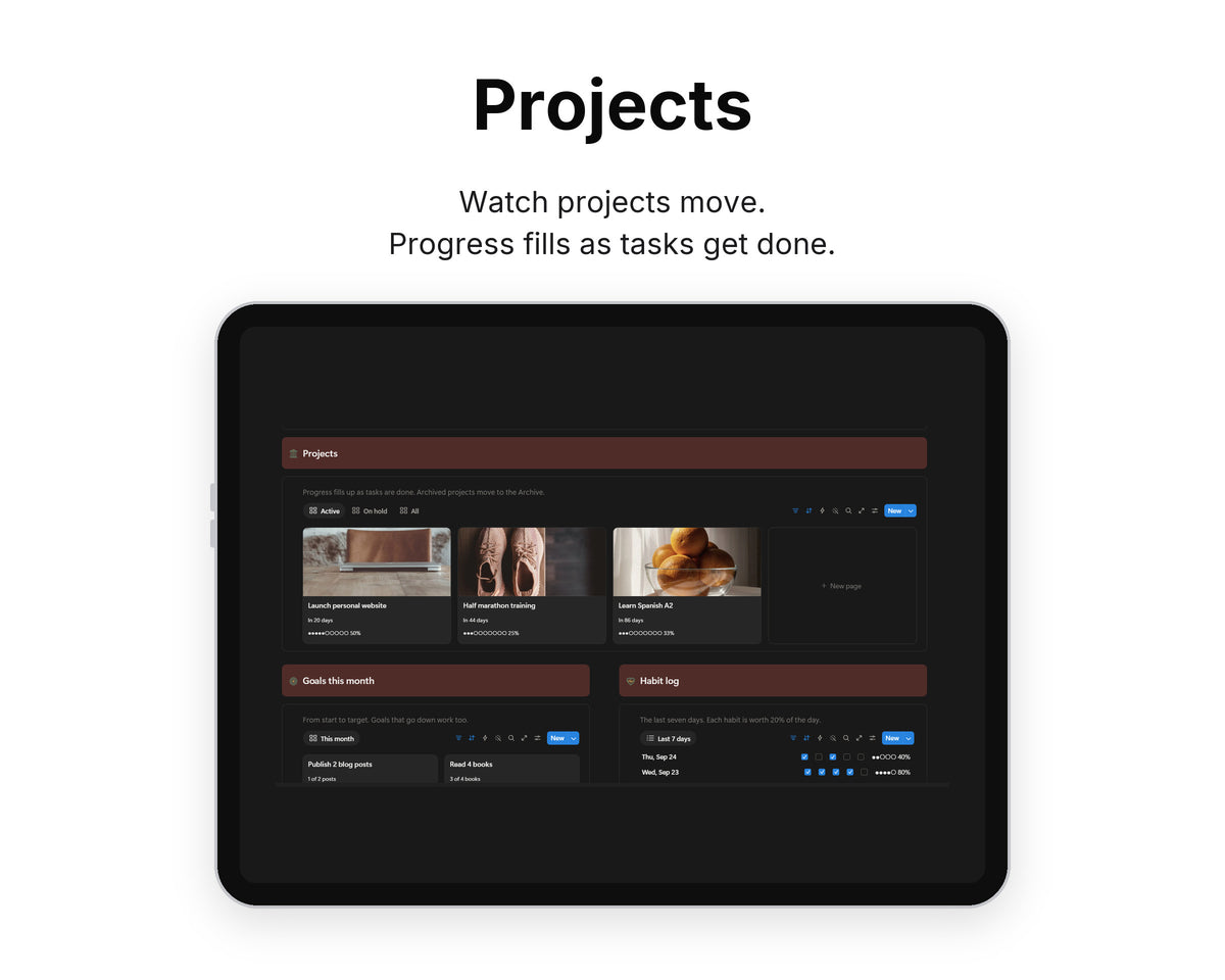 Projects in Framewise Mind on a tablet: Progress fills as tasks get done