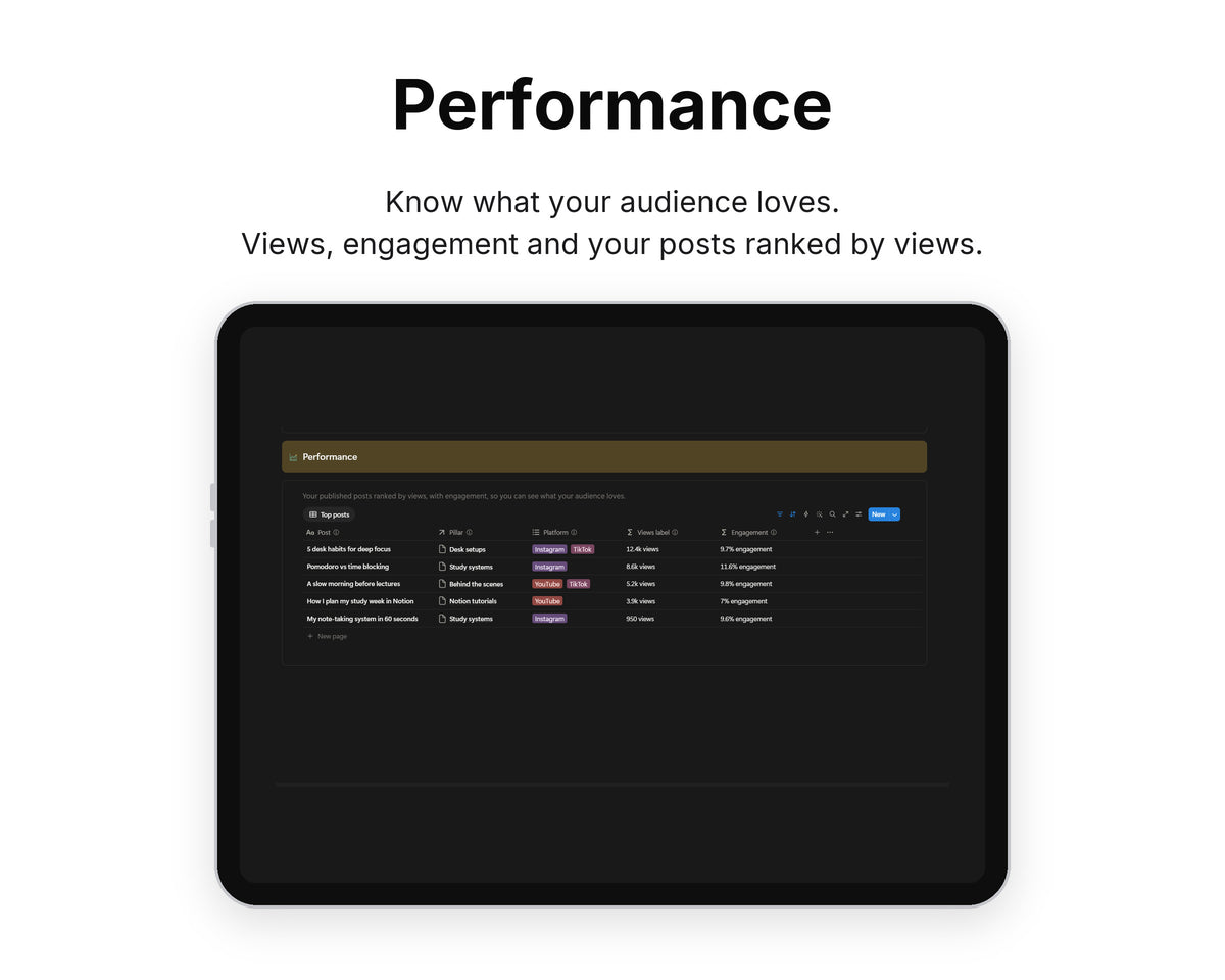Performance in Framewise Studio on a tablet: Views, engagement and your posts ranked by views
