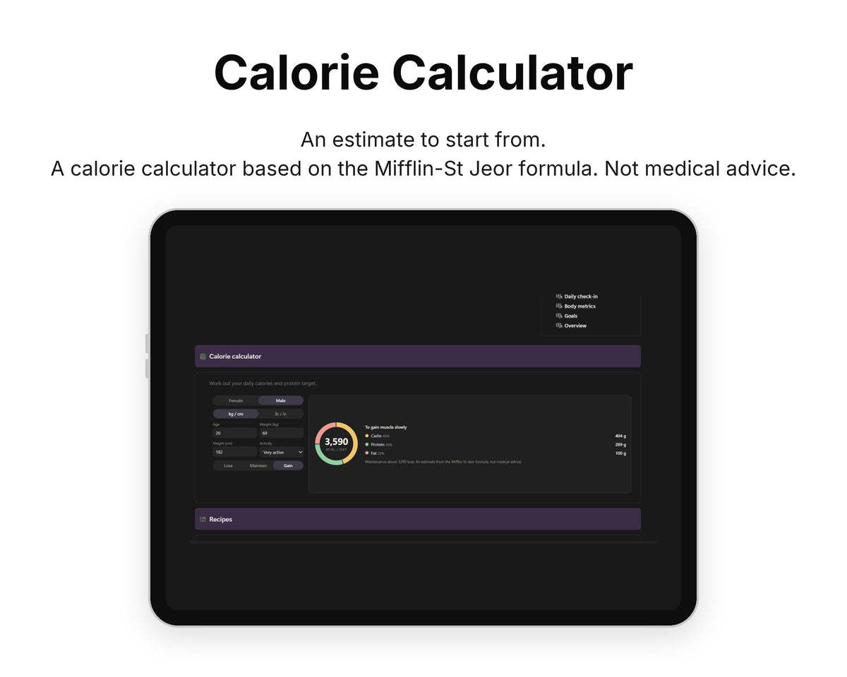 Calorie Calculator in Framewise Vitality on a tablet: A calorie calculator based on the Mifflin-St Jeor formula. Not medical advice