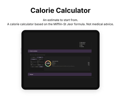 Calorie Calculator in Framewise Vitality on a tablet: A calorie calculator based on the Mifflin-St Jeor formula. Not medical advice