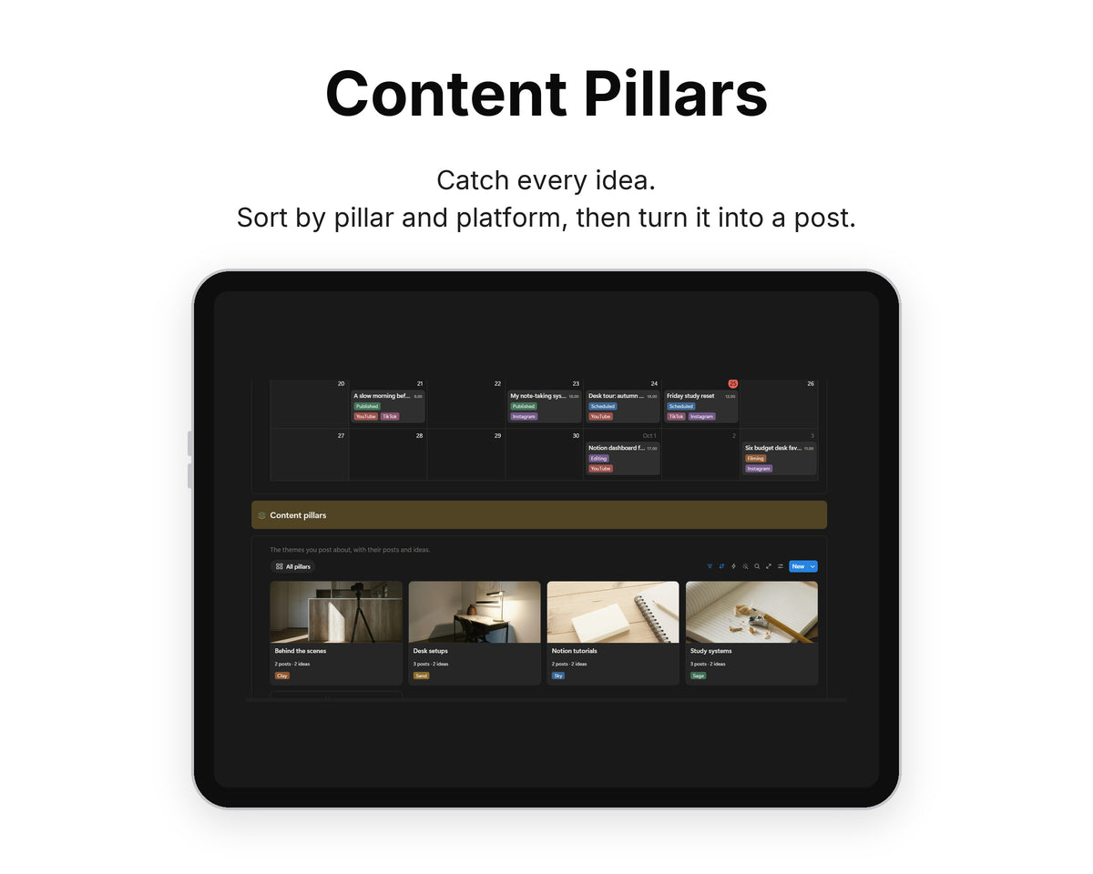 Content Pillars in Framewise Studio on a tablet: Sort by pillar and platform, then turn it into a post