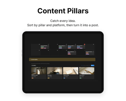 Content Pillars in Framewise Studio on a tablet: Sort by pillar and platform, then turn it into a post