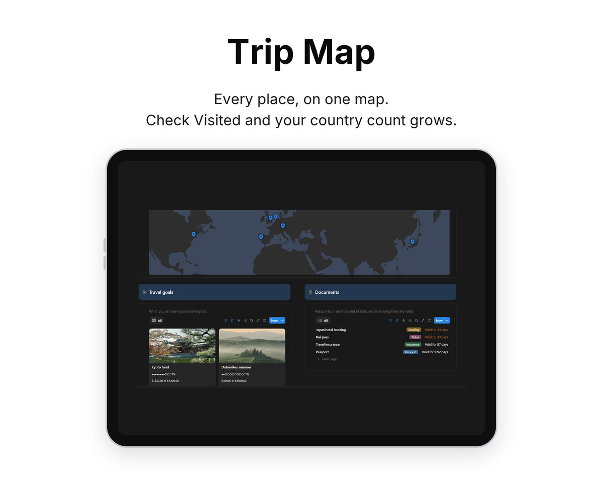 Trip Map in Framewise Voyage on a tablet: Check Visited and your country count grows