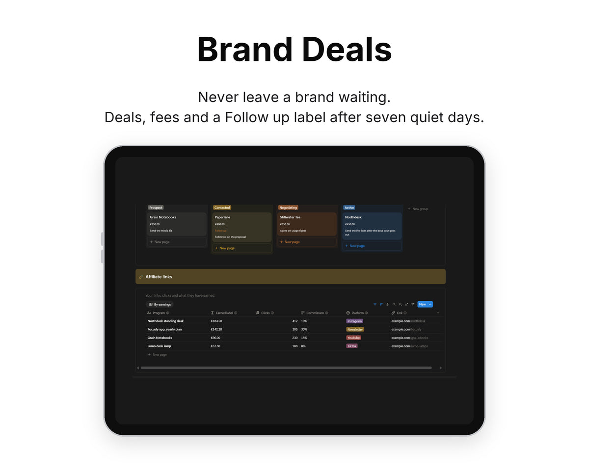 Brand Deals in Framewise Studio on a tablet: Deals, fees and a Follow up label after seven quiet days