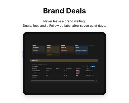 Brand Deals in Framewise Studio on a tablet: Deals, fees and a Follow up label after seven quiet days