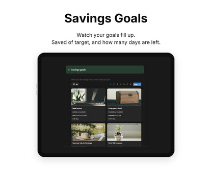 Savings Goals in Framewise Finance on a tablet: Saved of target, and how many days are left