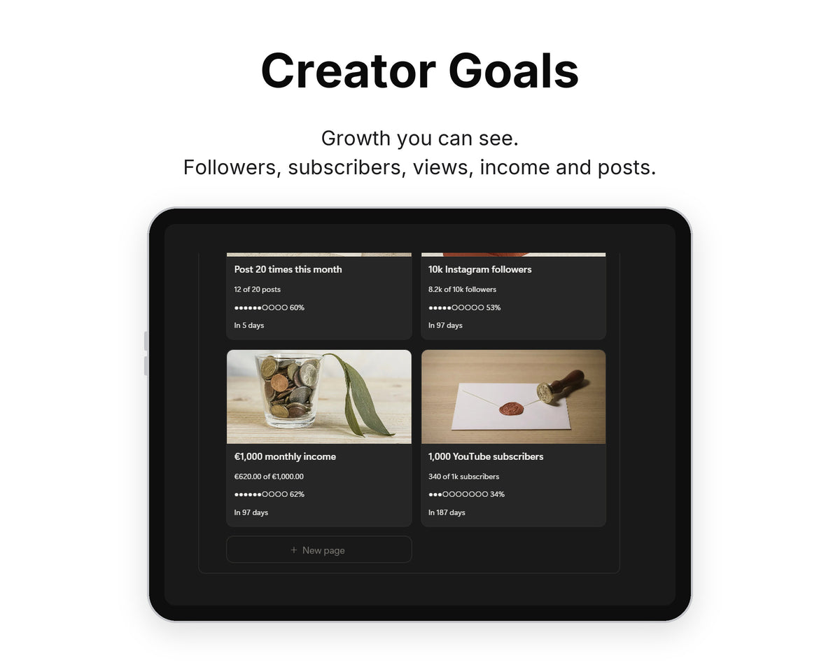 Creator Goals in Framewise Studio on a tablet: Followers, subscribers, views, income and posts