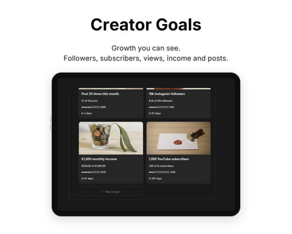 Creator Goals in Framewise Studio on a tablet: Followers, subscribers, views, income and posts