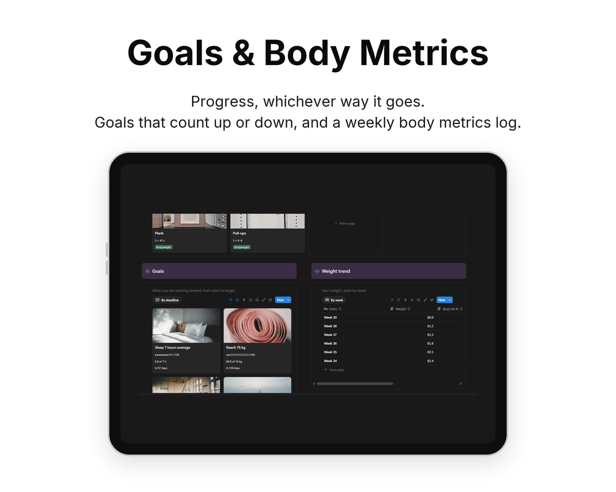 Goals & Body Metrics in Framewise Vitality on a tablet: Goals that count up or down, and a weekly body metrics log