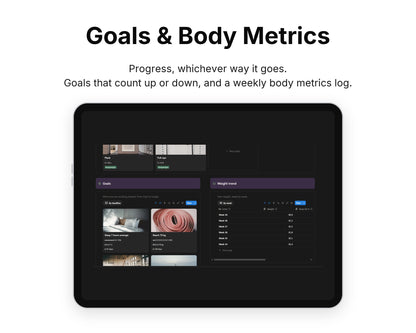 Goals & Body Metrics in Framewise Vitality on a tablet: Goals that count up or down, and a weekly body metrics log