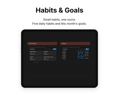 Habits & Goals in Framewise Mind on a tablet: Five daily habits and this month's goals