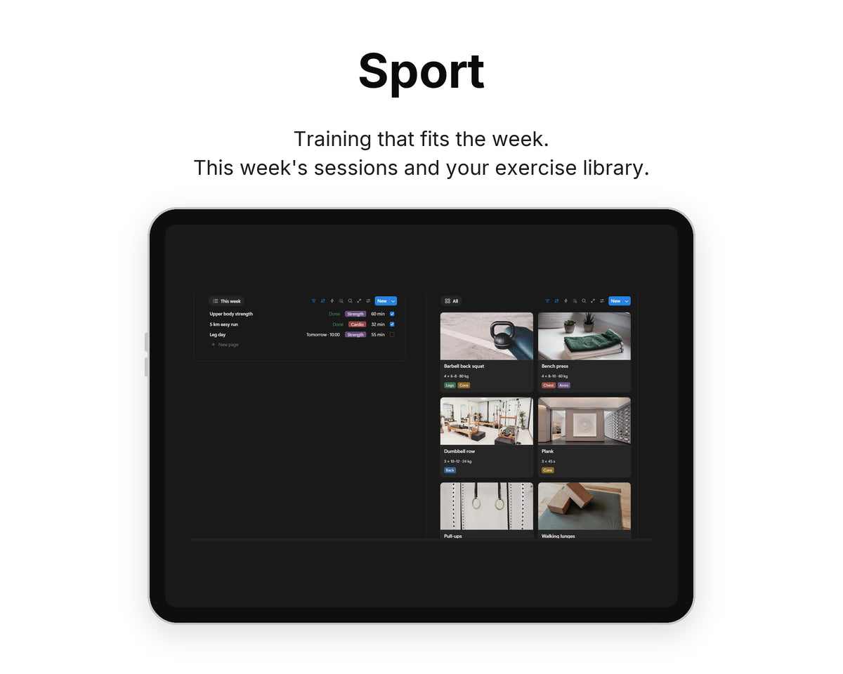 Sport in Framewise Life on a tablet: This week's sessions and your exercise library