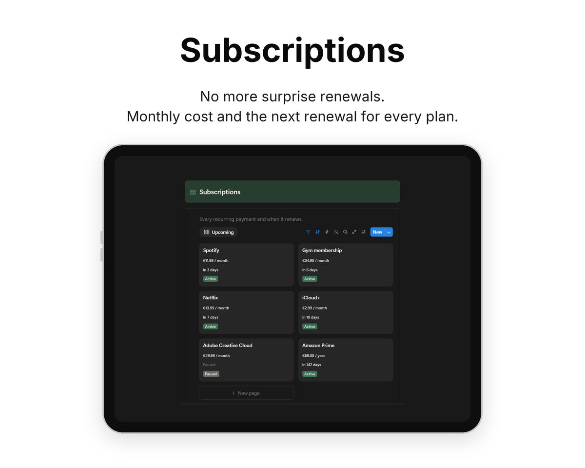 Subscriptions in Framewise Finance on a tablet: Monthly cost and the next renewal for every plan