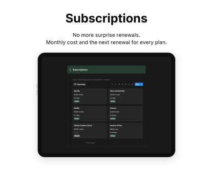 Subscriptions in Framewise Finance on a tablet: Monthly cost and the next renewal for every plan