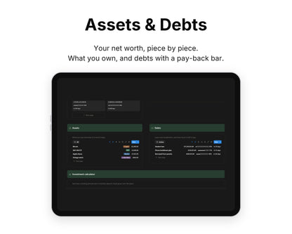 Assets & Debts in Framewise Finance on a tablet: What you own, and debts with a pay-back bar