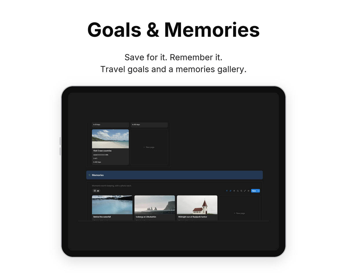 Goals & Memories in Framewise Voyage on a tablet: Travel goals and a memories gallery