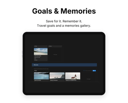 Goals & Memories in Framewise Voyage on a tablet: Travel goals and a memories gallery