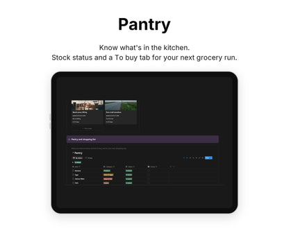 Pantry in Framewise Vitality on a tablet: Stock status and a To buy tab for your next grocery run