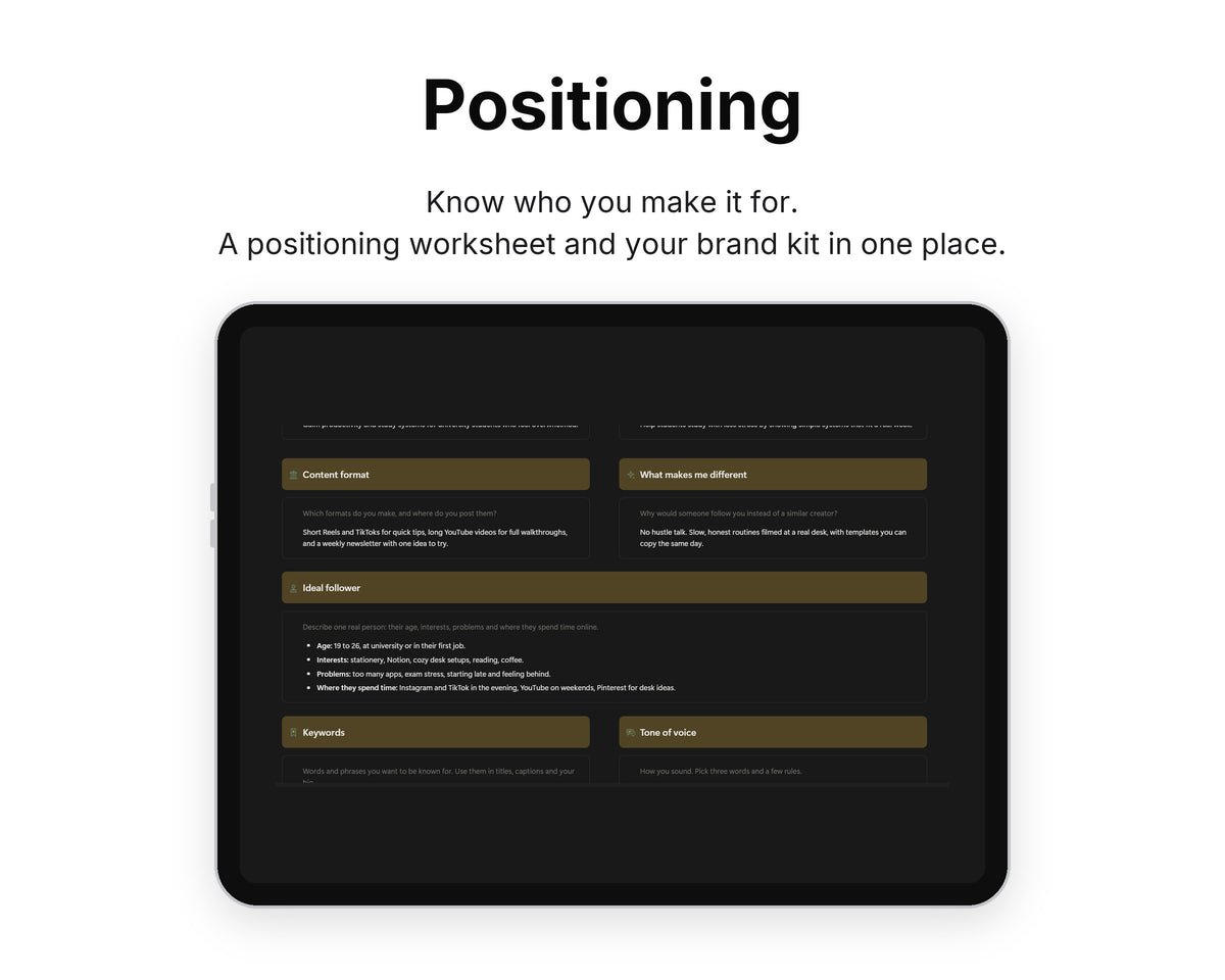 Positioning in Framewise Studio on a tablet: A positioning worksheet and your brand kit in one place