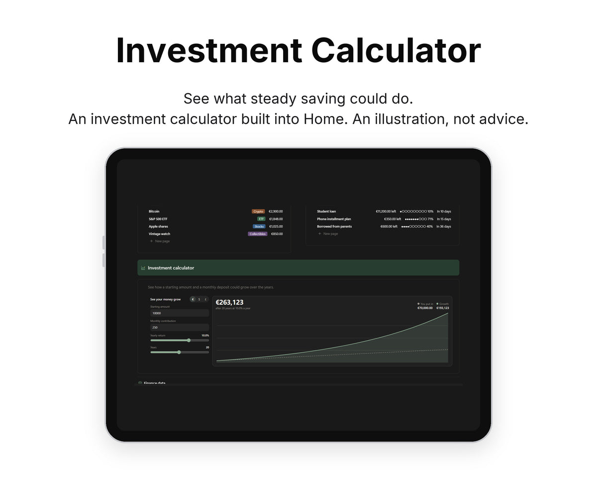 Investment Calculator in Framewise Finance on a tablet: An investment calculator built into Home. An illustration, not advice