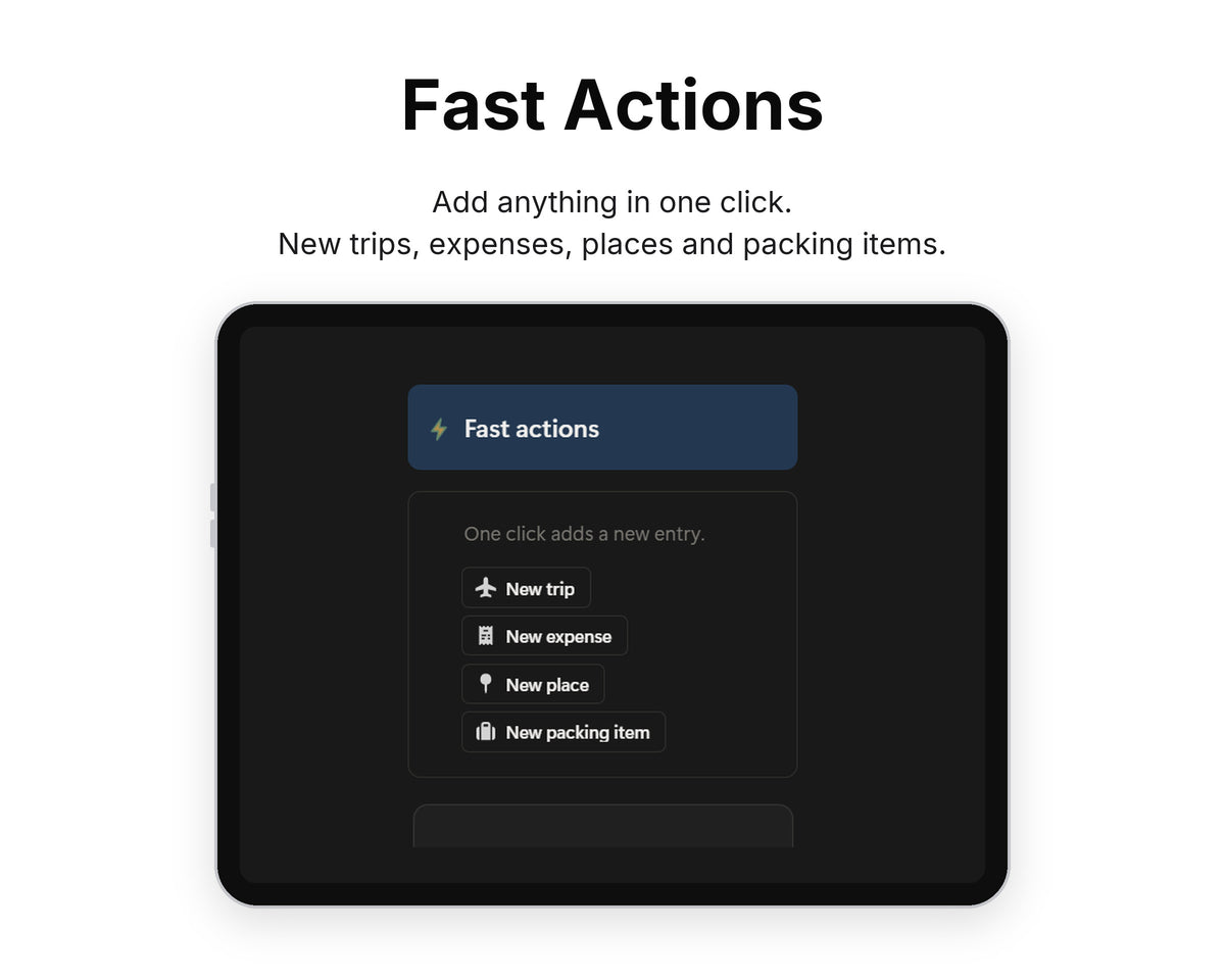 Fast Actions in Framewise Voyage on a tablet: New trips, expenses, places and packing items