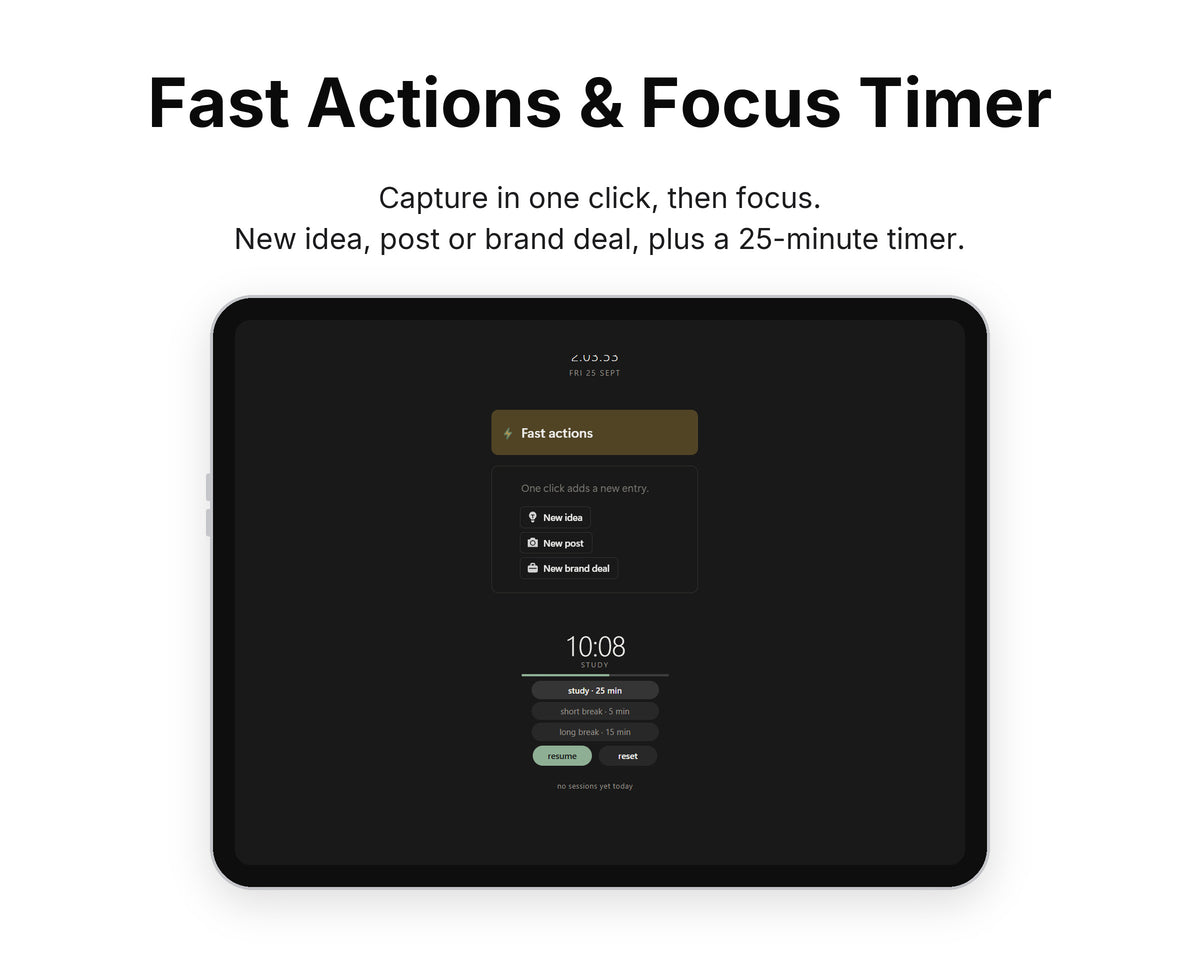 Fast Actions & Focus Timer in Framewise Studio on a tablet: New idea, post or brand deal, plus a 25-minute timer