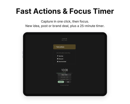 Fast Actions & Focus Timer in Framewise Studio on a tablet: New idea, post or brand deal, plus a 25-minute timer
