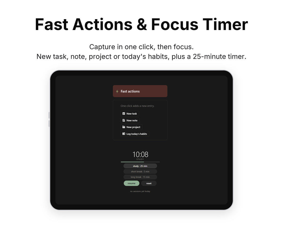 Fast Actions & Focus Timer in Framewise Mind on a tablet: New task, note, project or today's habits, plus a 25-minute timer